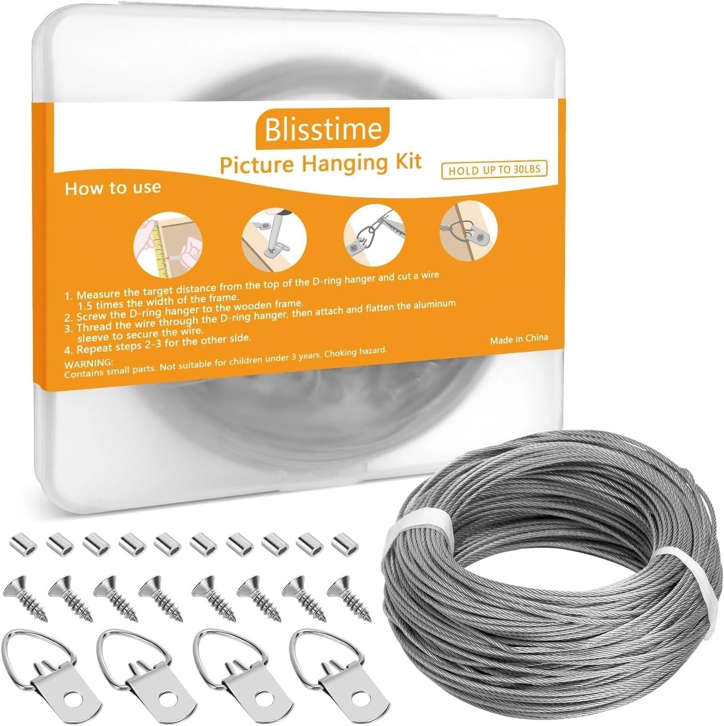Picture Hanging Kit - 100 Feet Braided Hanging Wire, 60 Pcs D Ring Picture