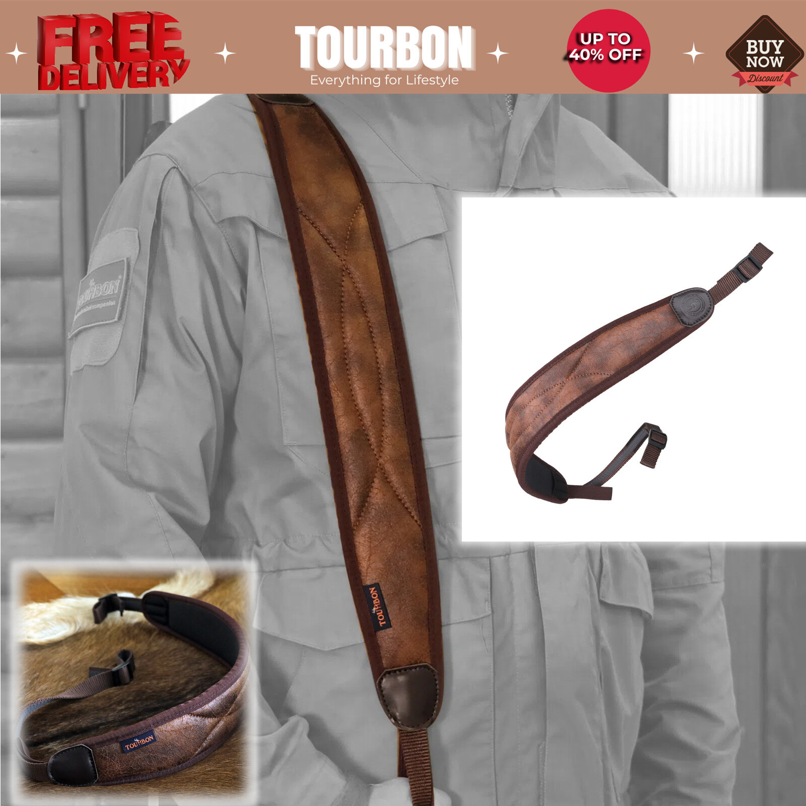 Tourbon PU Leather Rifle Sling Padded Strap Shooting Shotgun Carrying Hunting