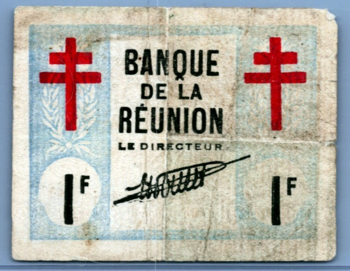 Bank of Reunion 1 Franc 1943 Pick # 34 " EXTREMELY RARE "