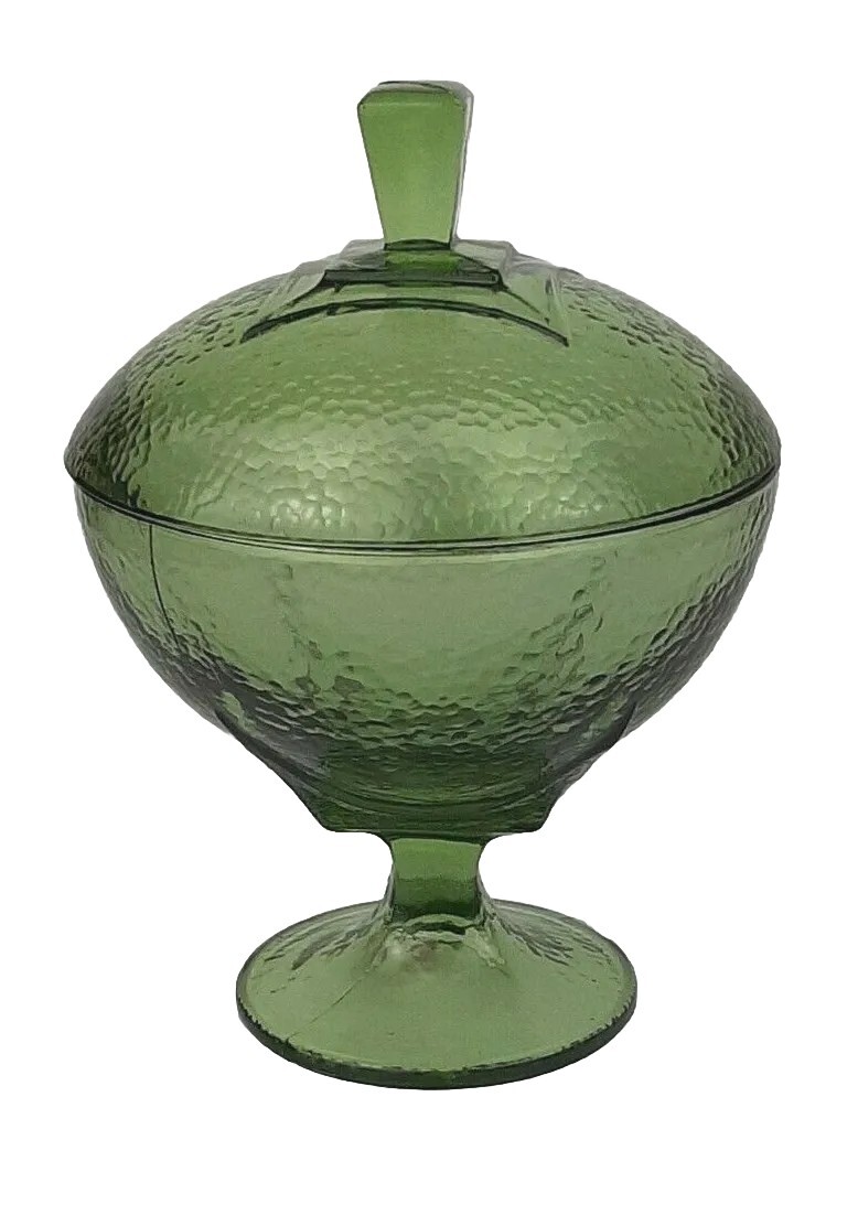 Mid Century Jeanette Green Glass Covered Candy Dish Bowl Compote Textured EC