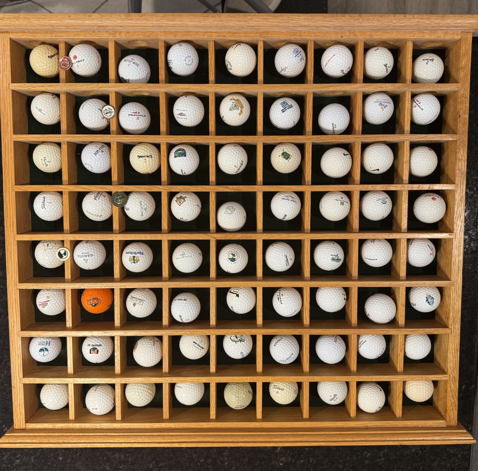 Golf Ball Display 72 Ball Wood Cabinet with Golf Balls and some Pins