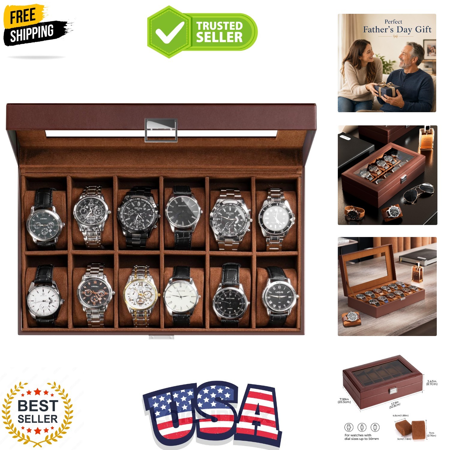 Watch Box Organizer, Fathers Day Gift for Dad, 12 Slot Watch Display Case Wit...