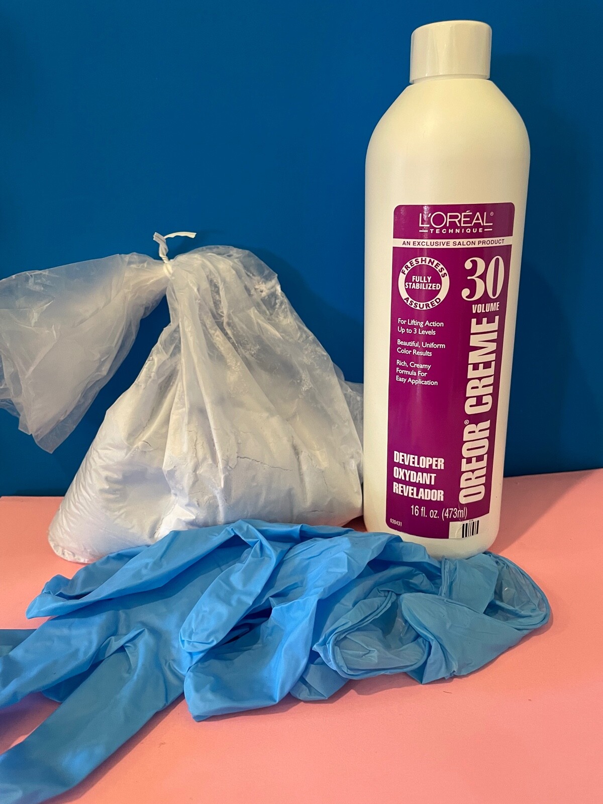 L'oreal Quick Blue Powder Bleach 16oz + Creme Developer 16oz + Gloves Choose