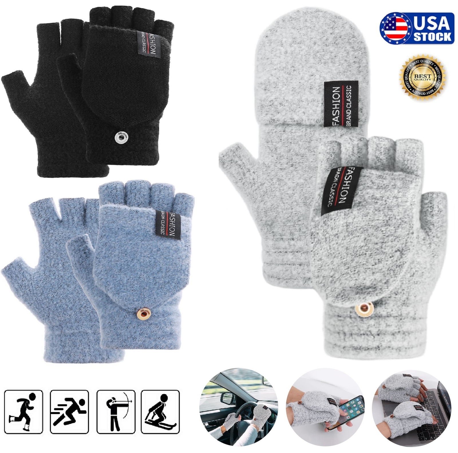 Winter Warm Knitted Convertible Fingerless Gloves w/ Mittens Cover Cap Unisex US