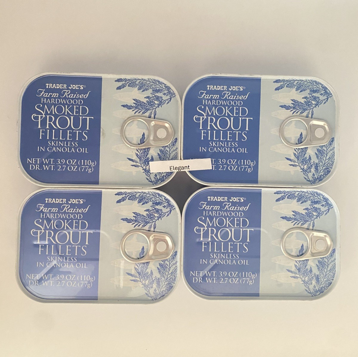 4 Trader Joe's Smoked Trout Fillets in Oil Skinless 3.9 oz Each Tin x 4 Cans