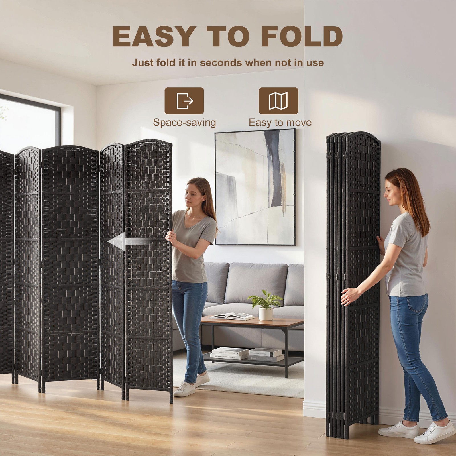 6 Panel Folding Privacy Screen, 6FT Partition Wall Divider, Coffee