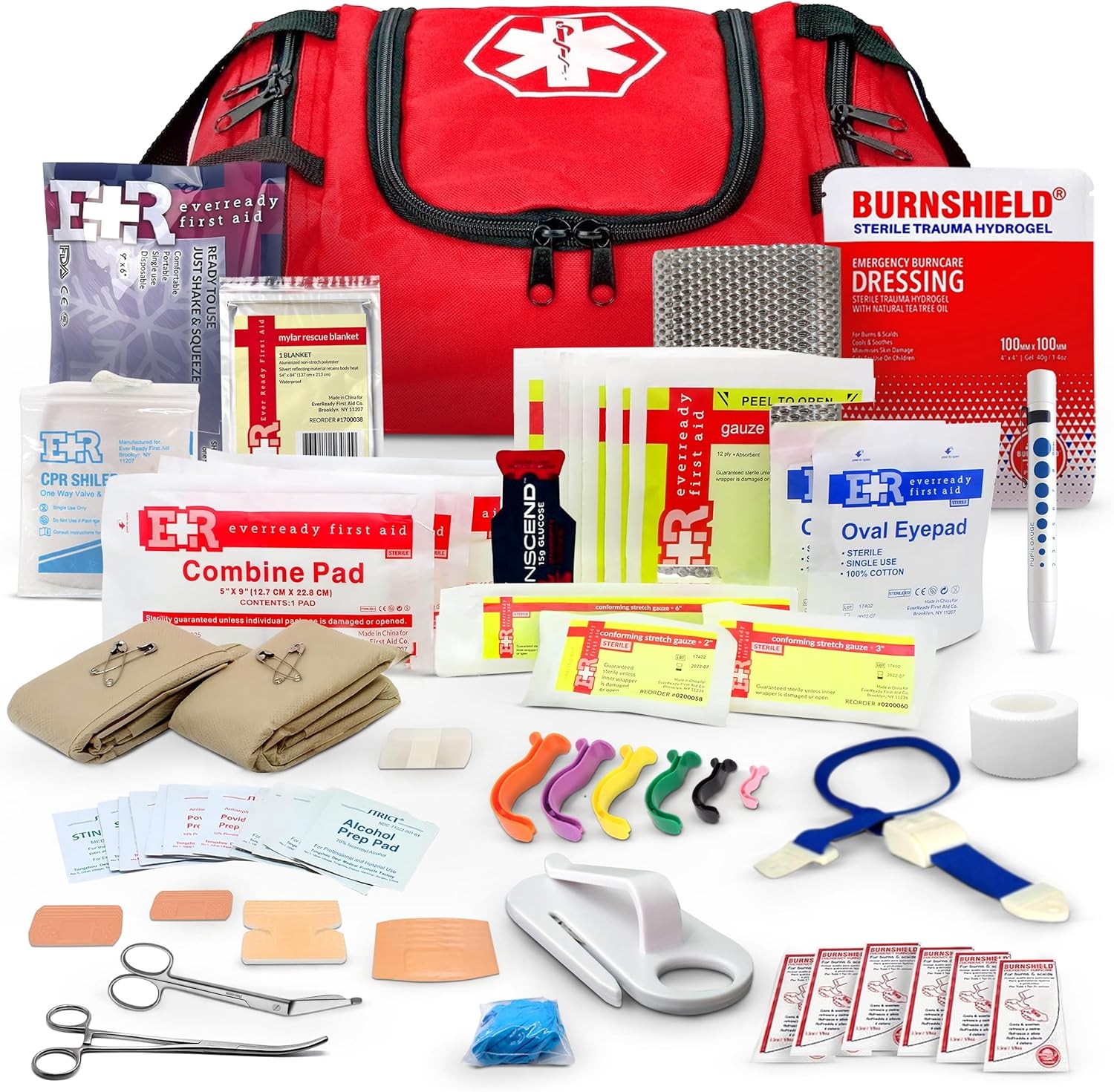 Fully Stocked Trauma First Aid Kit – First Responder II Bag with Tools, Gauze, B