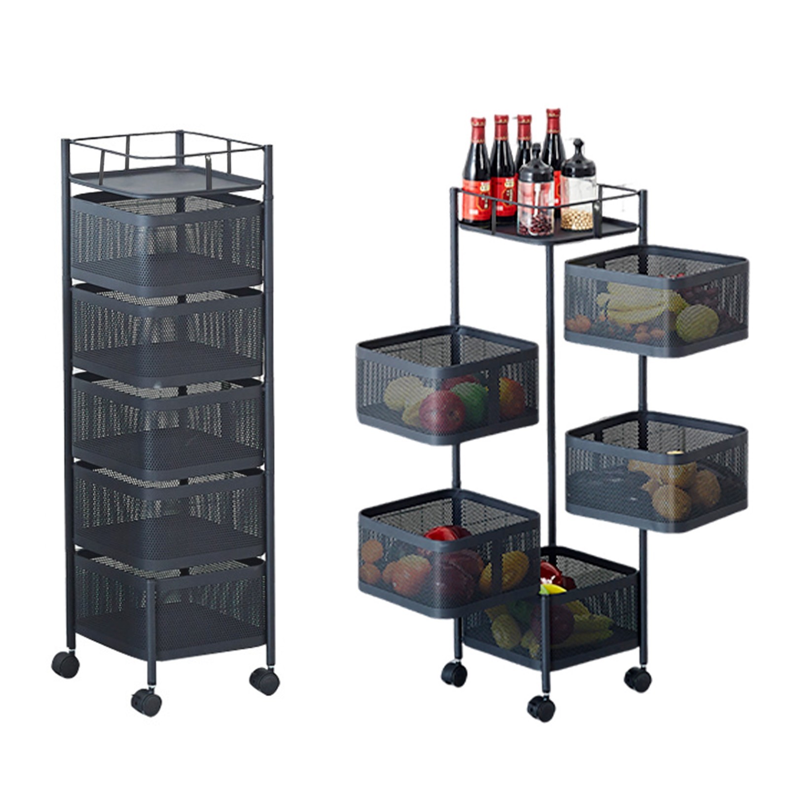 5 Tier Storage Rack Kitchen Rotating Vegetable Fruit Serving Trolley Cart Shelf