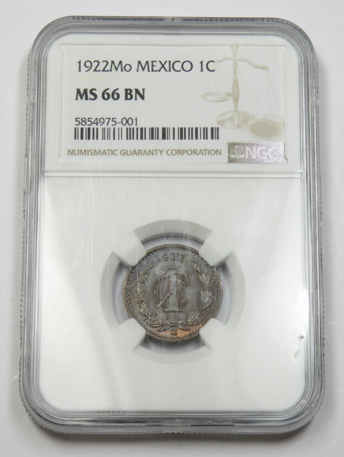 1922-Mo NGC MS66 BN | MEXICO - TOP POP - TONED Un Centavo 1c Coin #33626A