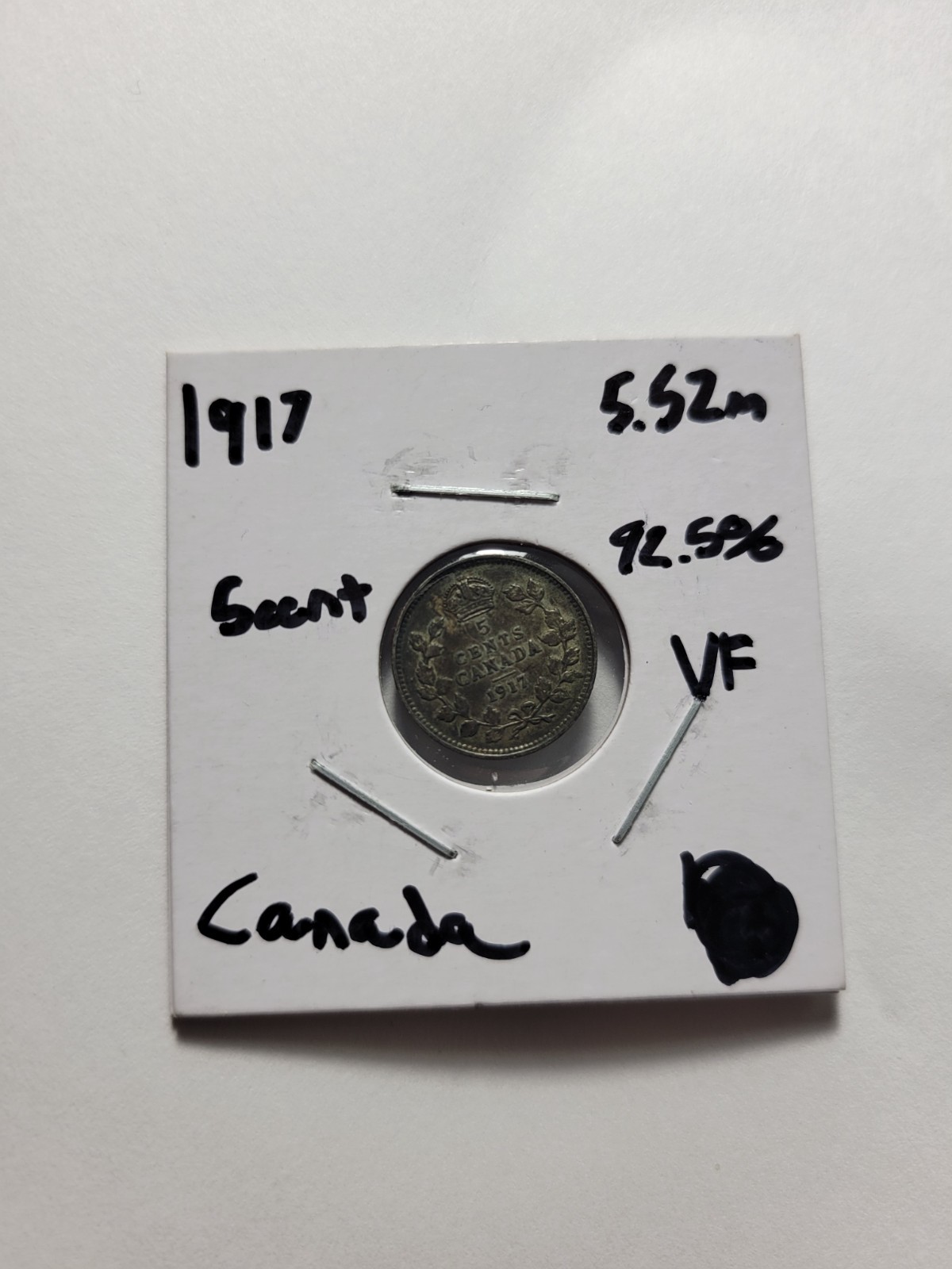 1917 Canada 5 Cents - 92.5% Silver - Foreign Coin - KM# 22