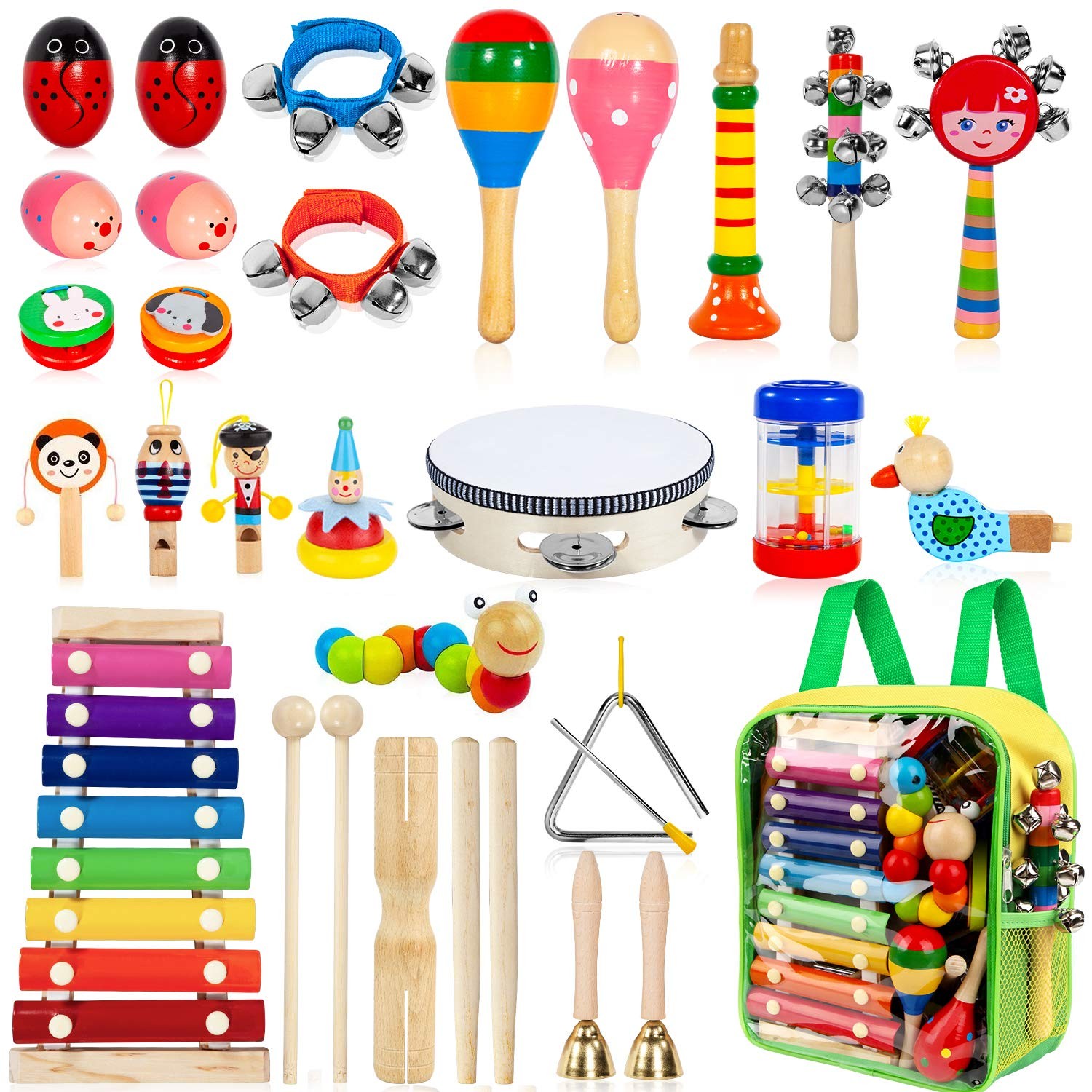 Kids Wooden Musical Instruments Set - 33 Pcs, 18 Types Percussion & Tambourine