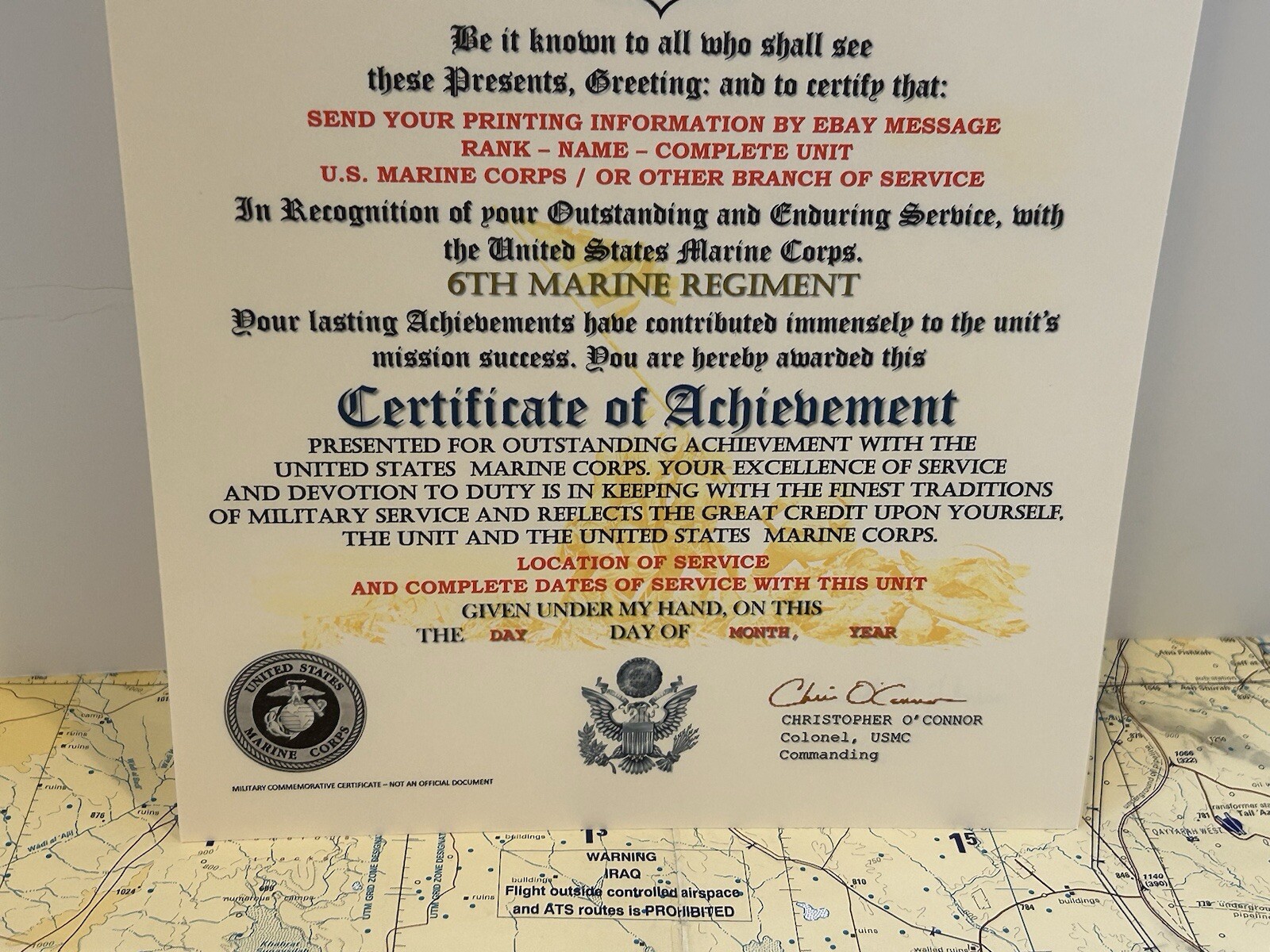 U.S.M.C. / 6TH MARINE REGIMENT - CERTIFICATE OF ACHIEVEMENT
