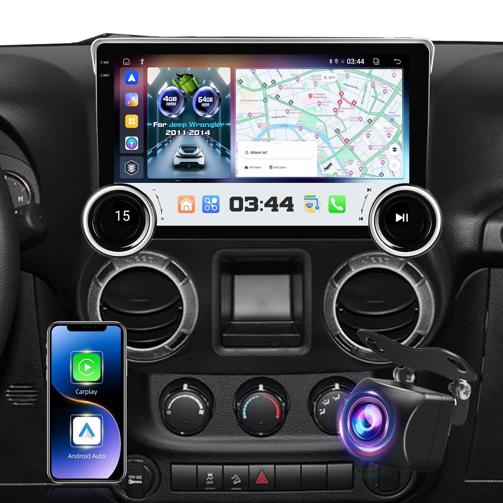 Upgrade [4+64] Car Radio for Jeep Wrangler 2011 2012 2013 2014, Volxcereo 10....
