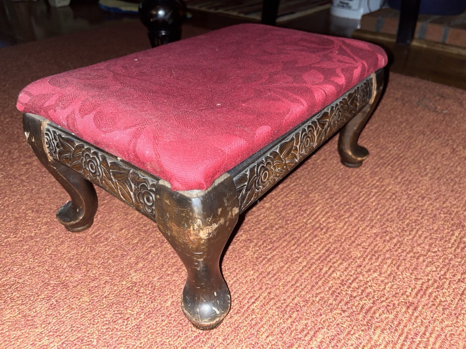 Vintage Red Queen Anne Style Footstool Antique Fabric Covered Handsome!