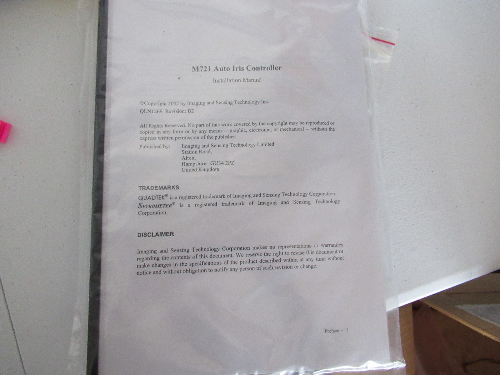 NEW IMAGING AND SENSING TECHNOLOGY CAMERA IRIS CONTROLLER M721LCA03A