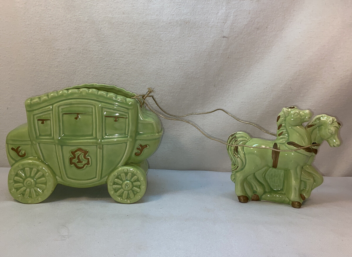 Vtg 2pc 40-50’s Mint Green Stagecoach Carriage Horses California Pottery Planter