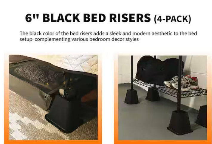 Bed Risers 6 Inch 4 Pack Heavy Duty Furniture Lifts Bed Frame Elevator Black