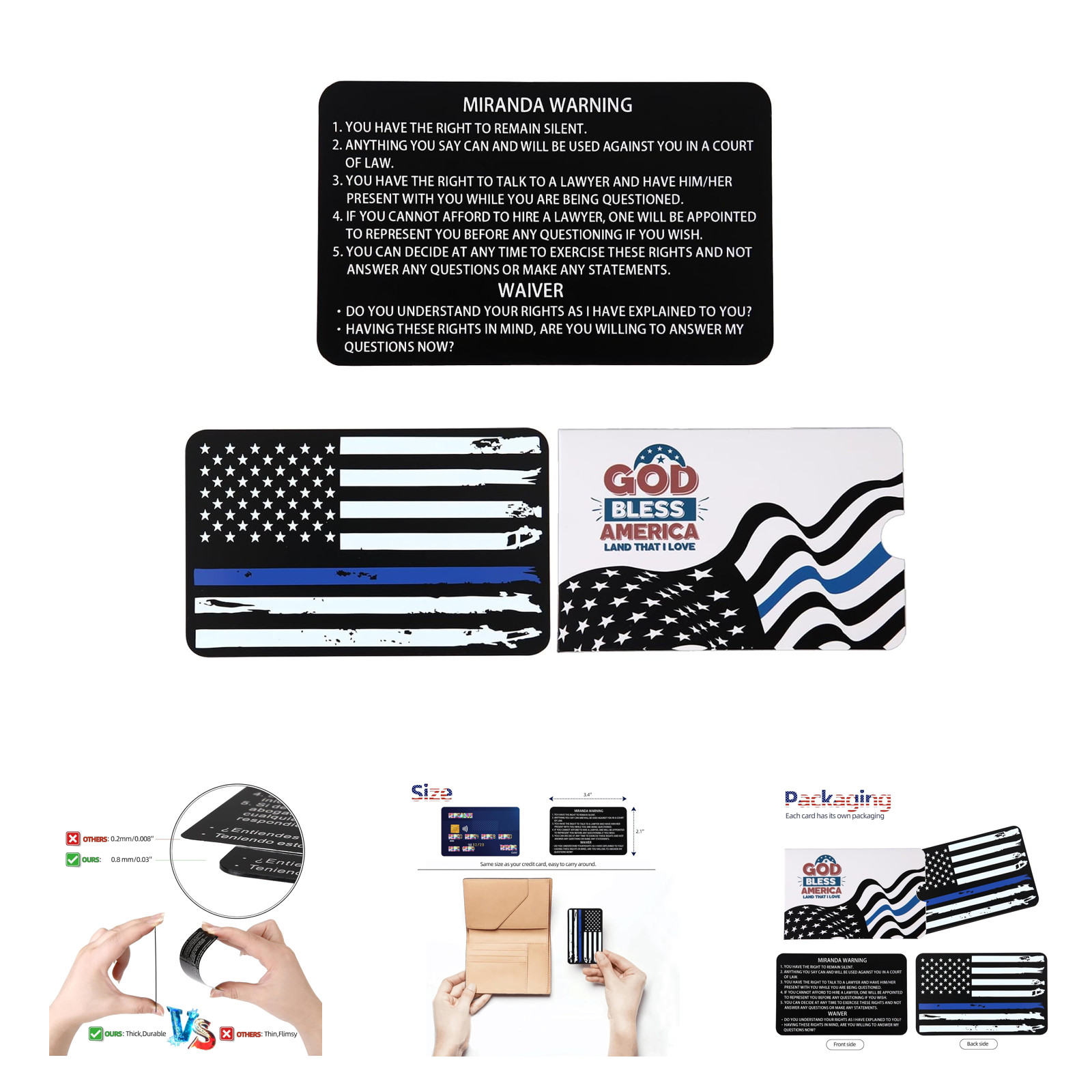 Metal Miranda Warning Card with Sleeve Black Aluminum Law Enforcement Badge Card