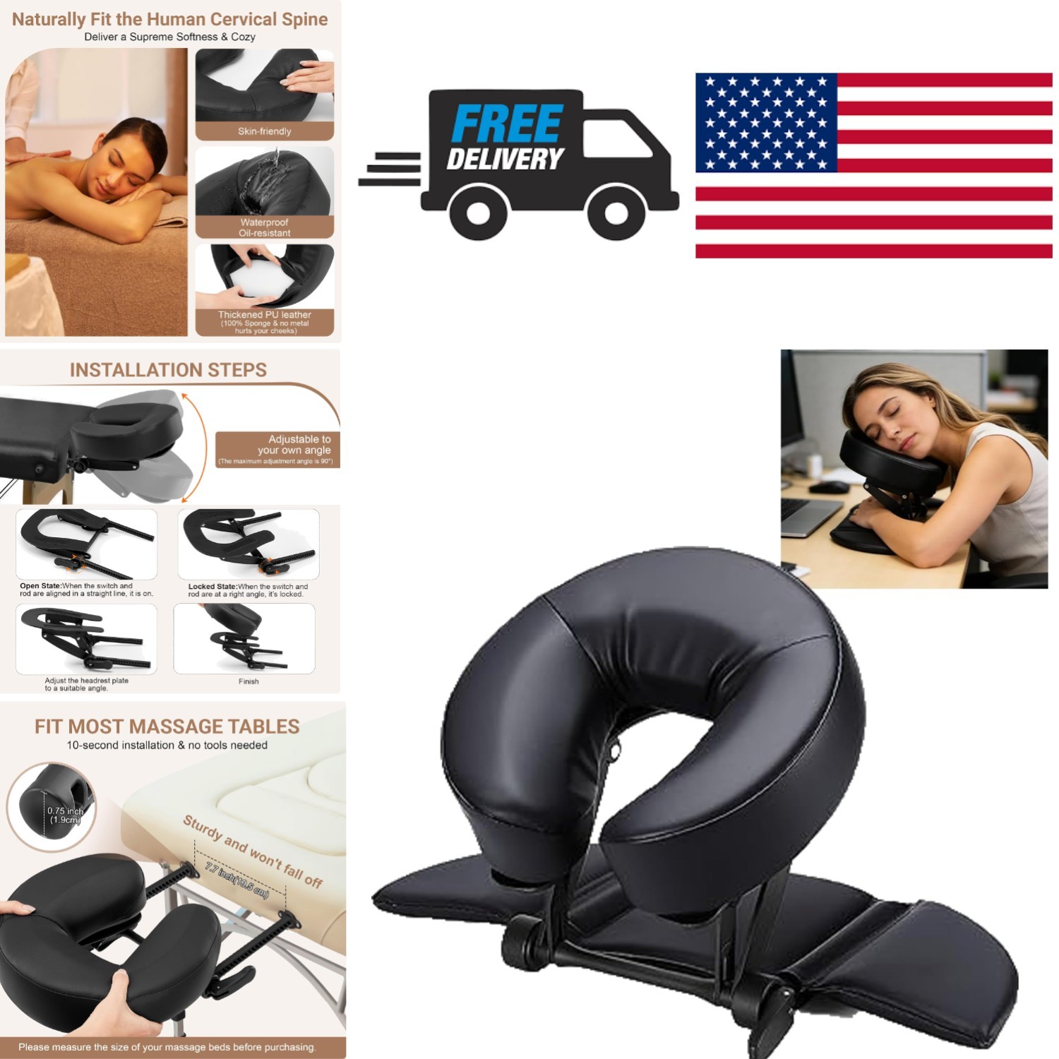 Face Down Tabletop Massage Kit Adjustable Face Cradle and Arm Rest Pad Black