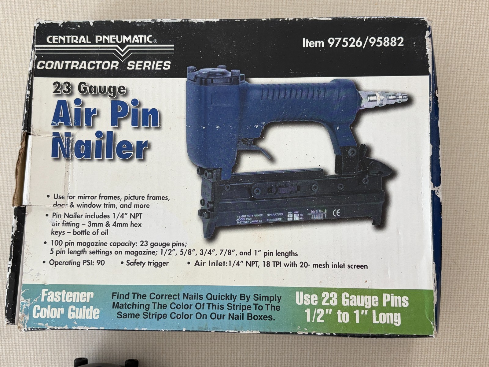 New Central Pneumatic Contractor Series 23 Gauge Air Pin Nailer