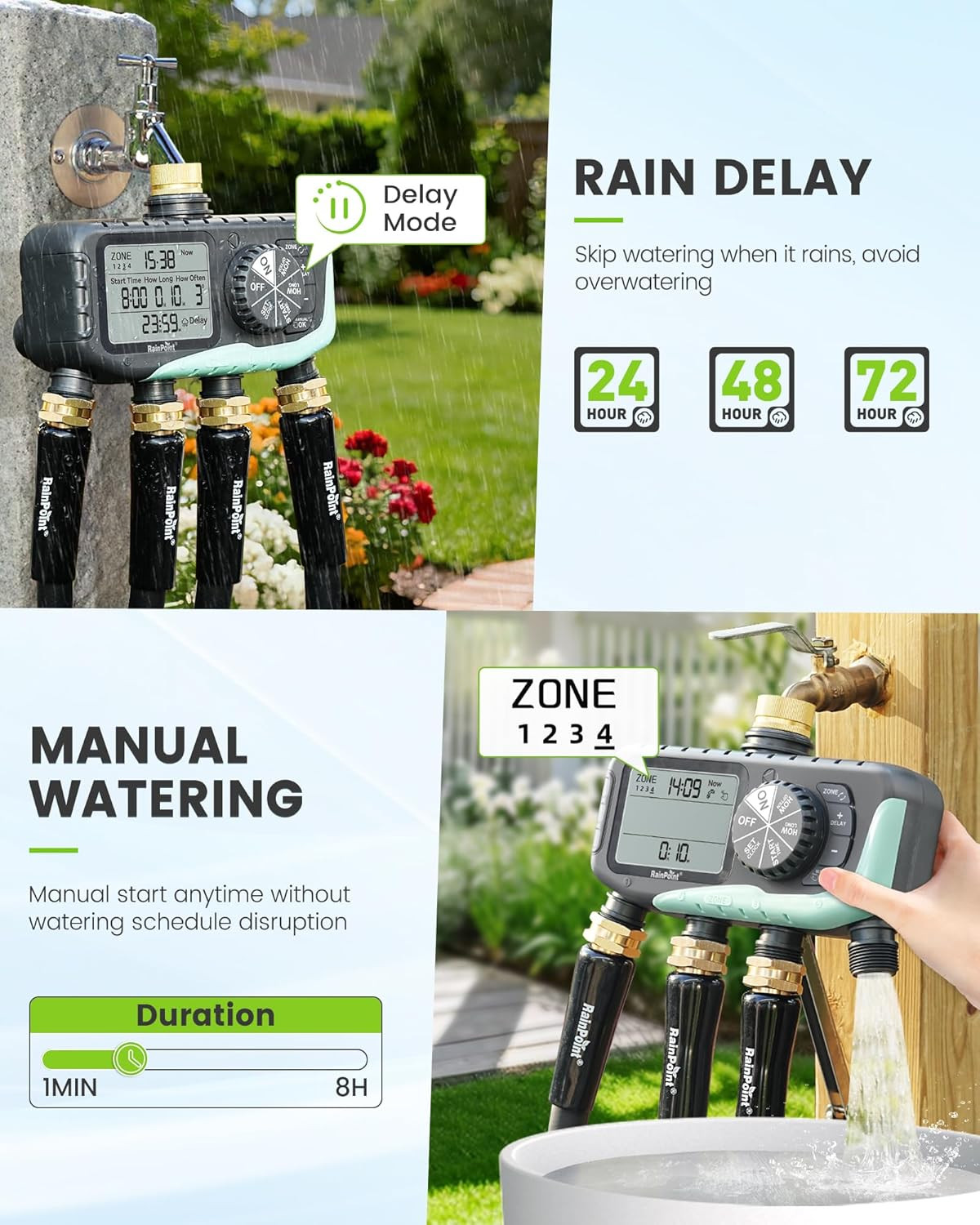 RAINPOINT Sprinkler Timer 4 Zone, Water Timer for Garden Hose, for Soaker Hose w