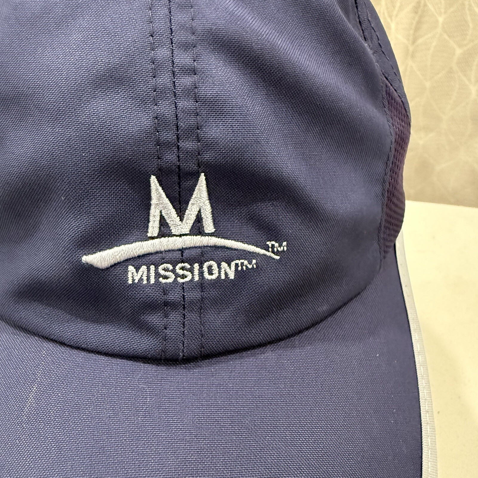 Mission M on BLue w Gray Hat Cap Light Weight Hook Loop EUC