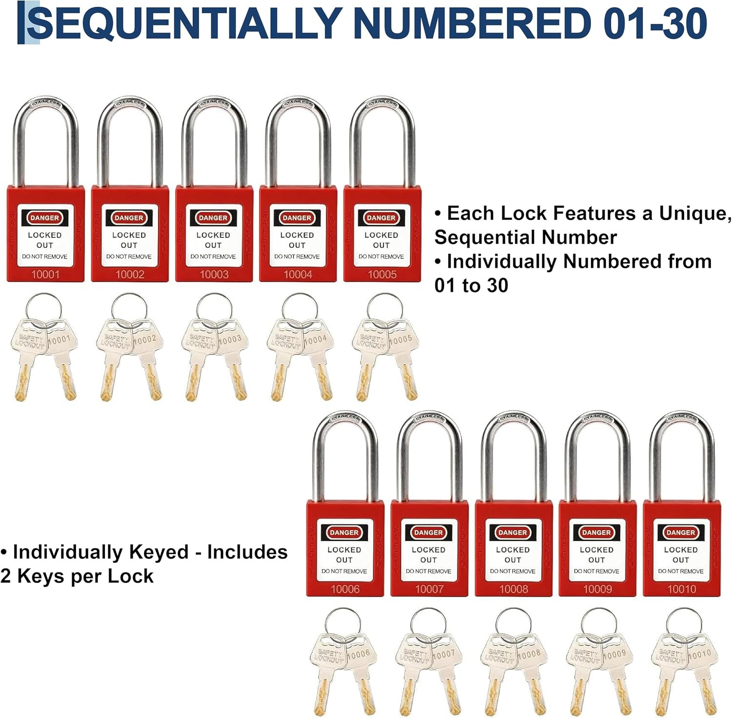 30/50 Pack Lockout Tagout Padlocks Keyed Different LOTO Locks with Tags Safety