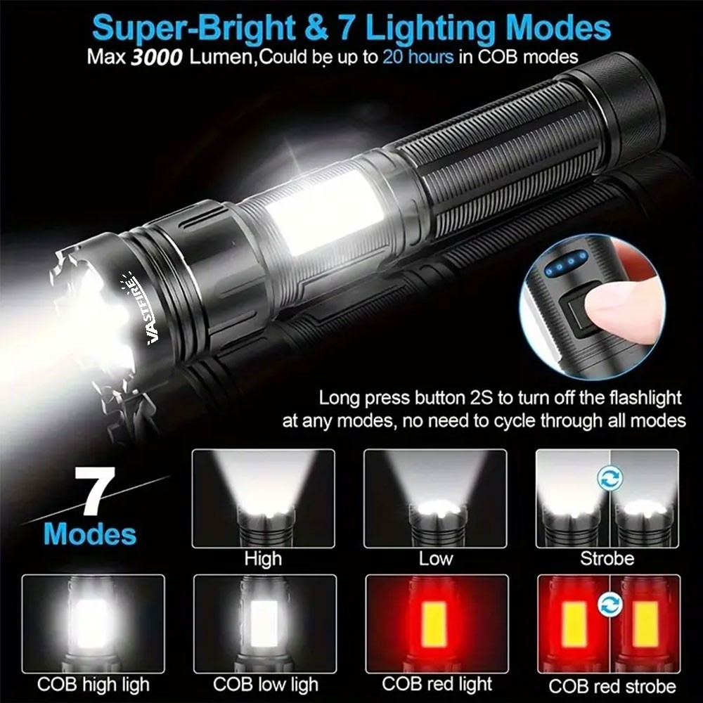 2Pack Super Bright LED Flashlight Zoomable USB Rechargeable COB Light Torch
