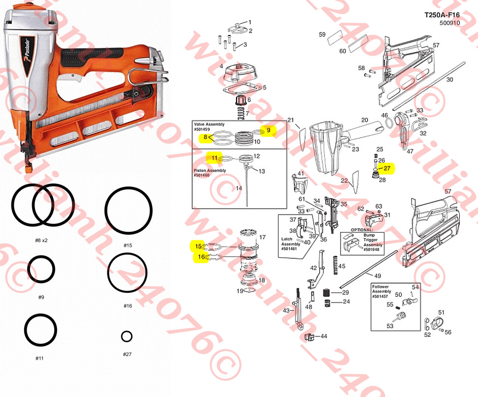 Paslode Finish Nailer T250A-F16 O-ring kit