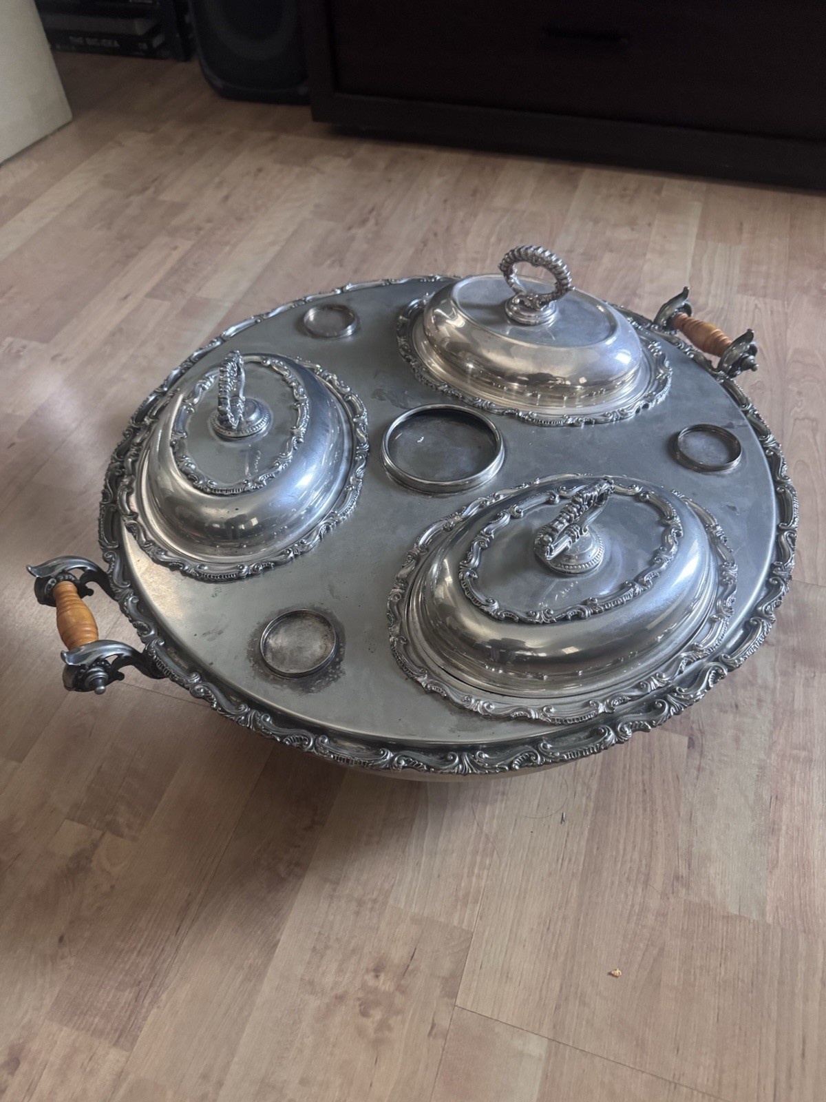 Antique Birmingham Silver Plate Lazy Susan Hot Food Server Large Size - 23"