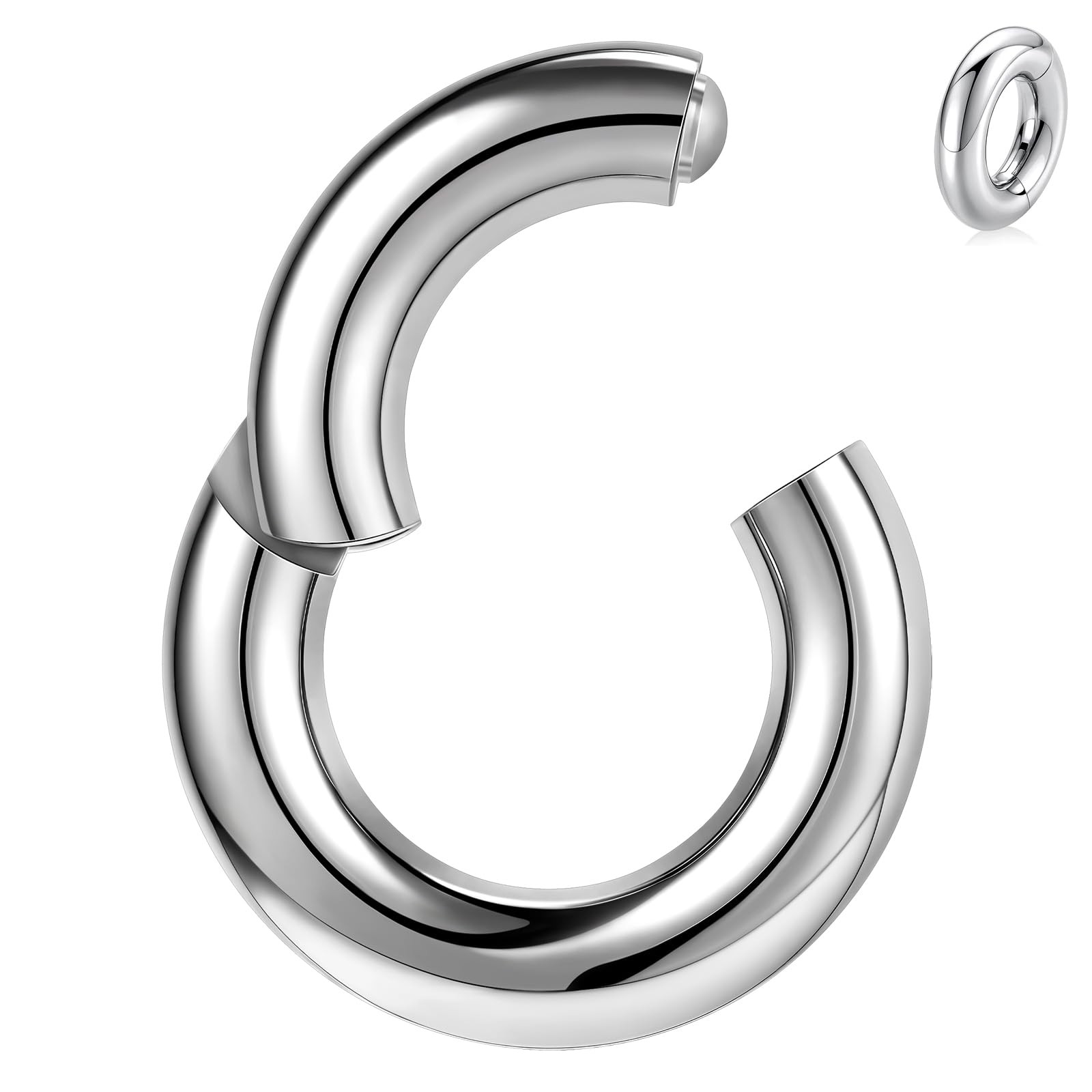 BodyAce F136 Titanium Hinged Large Septum Nose Rings, 10G,Hoops:8mm, Silver