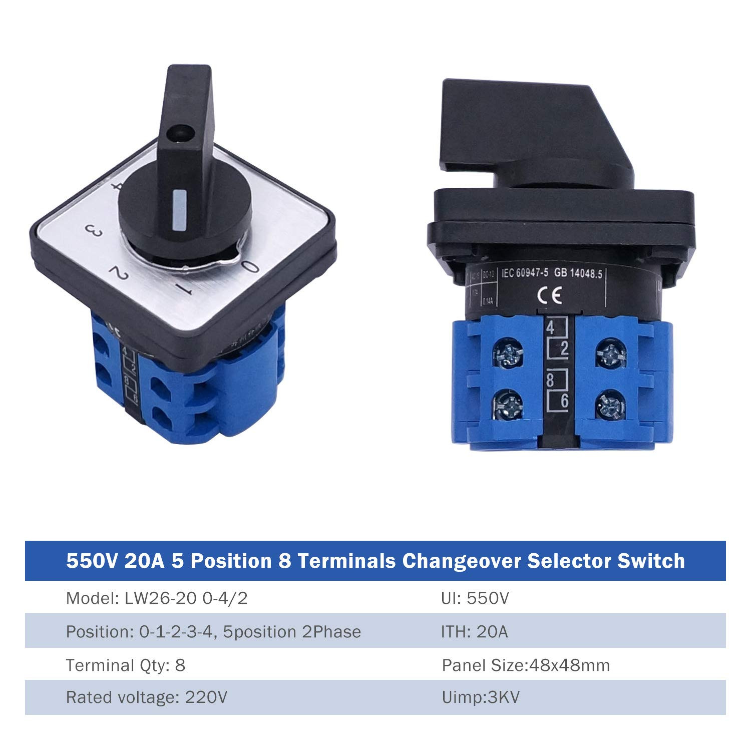 Universal Changeover Switch 20A 550V 4 Position 8 Terminals Latching Rotary Cam