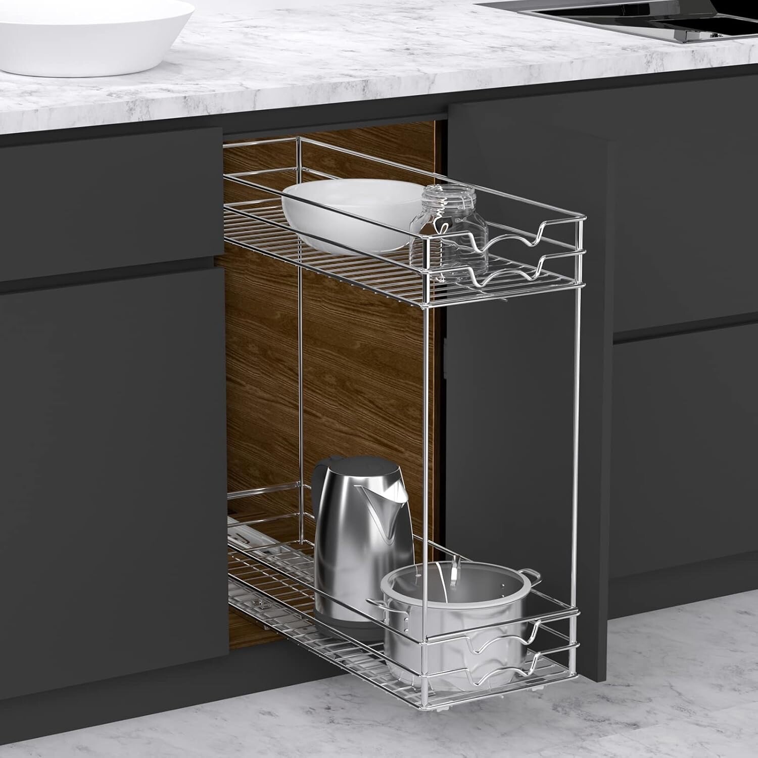 2 Tier Kitchen Cabinet Pull Out Shelf and Drawer Organizer Slide Out
