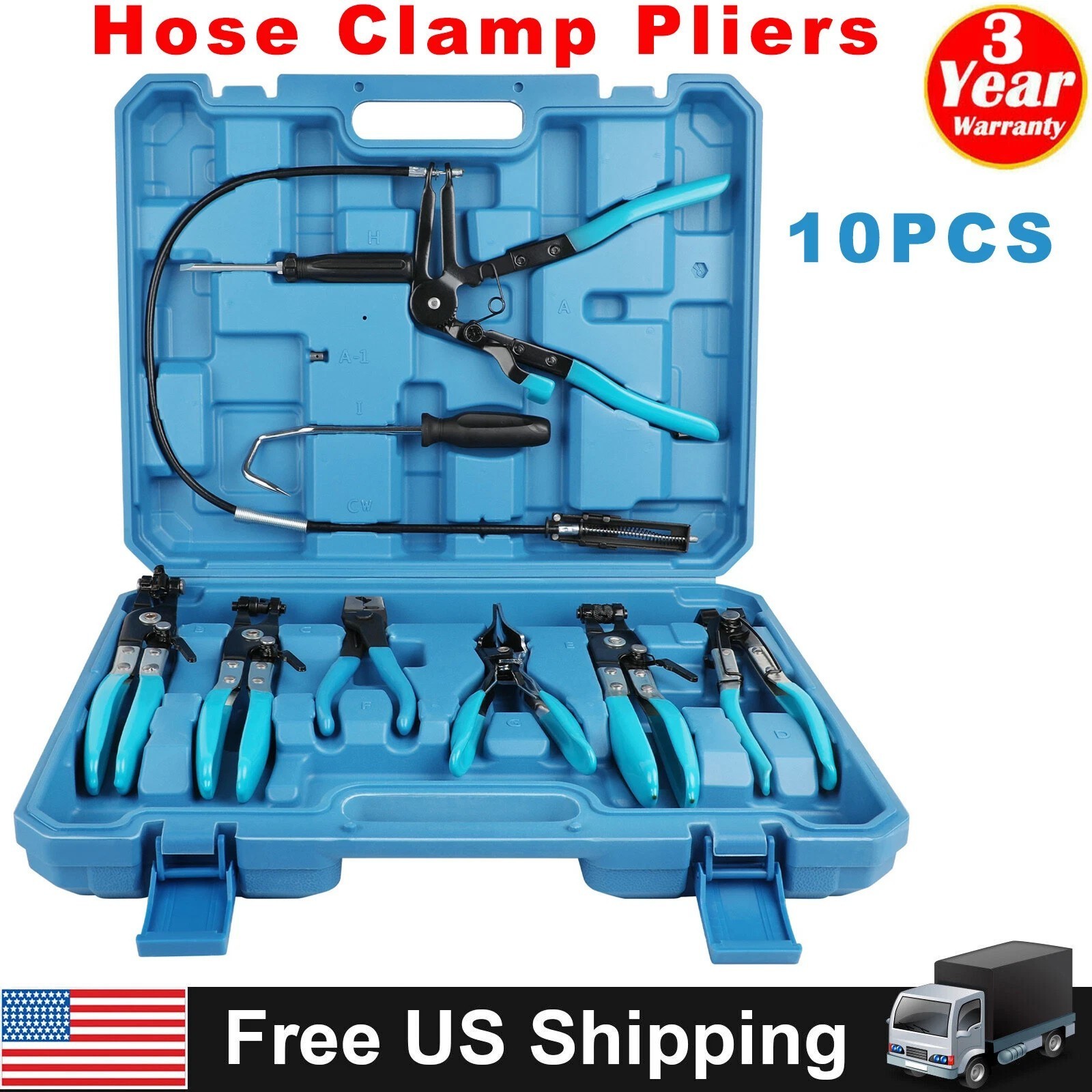 Flexible Automotive Hose Clamp Clip Plier Tool Set Swivel Jaw Flat Angled Band /