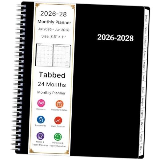 2026-2028 Monthly Planner, 2 Year Calendar Planner, Jul 2026 - Jun 26-28 Black