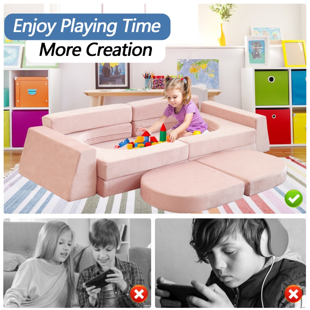 Kids Modular Play Couch 10-Piece Set, Convertible Foam Fort Sofa