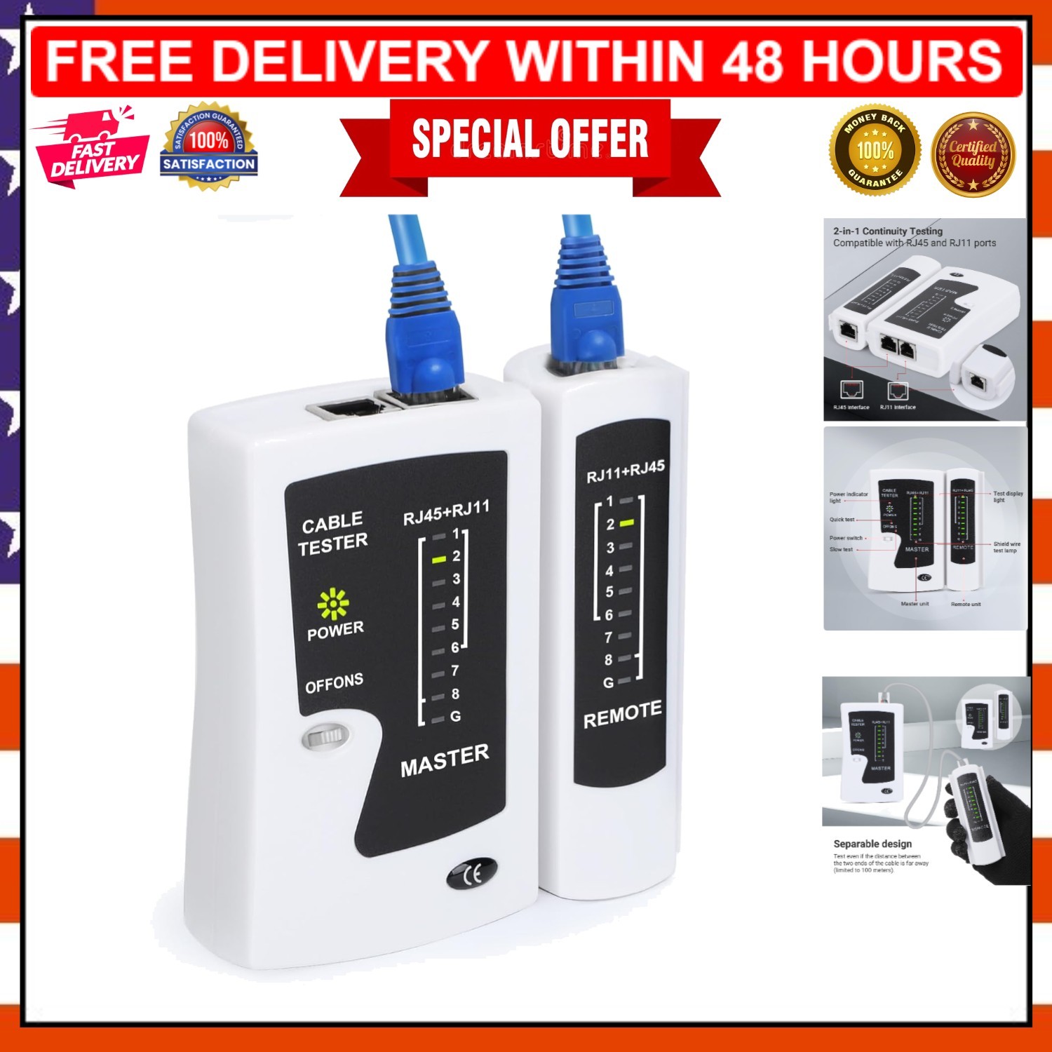 RJ45 Ethernet Cable Tester - Automatic, Remote Testing for Cat5 to Cat7 & RJ11