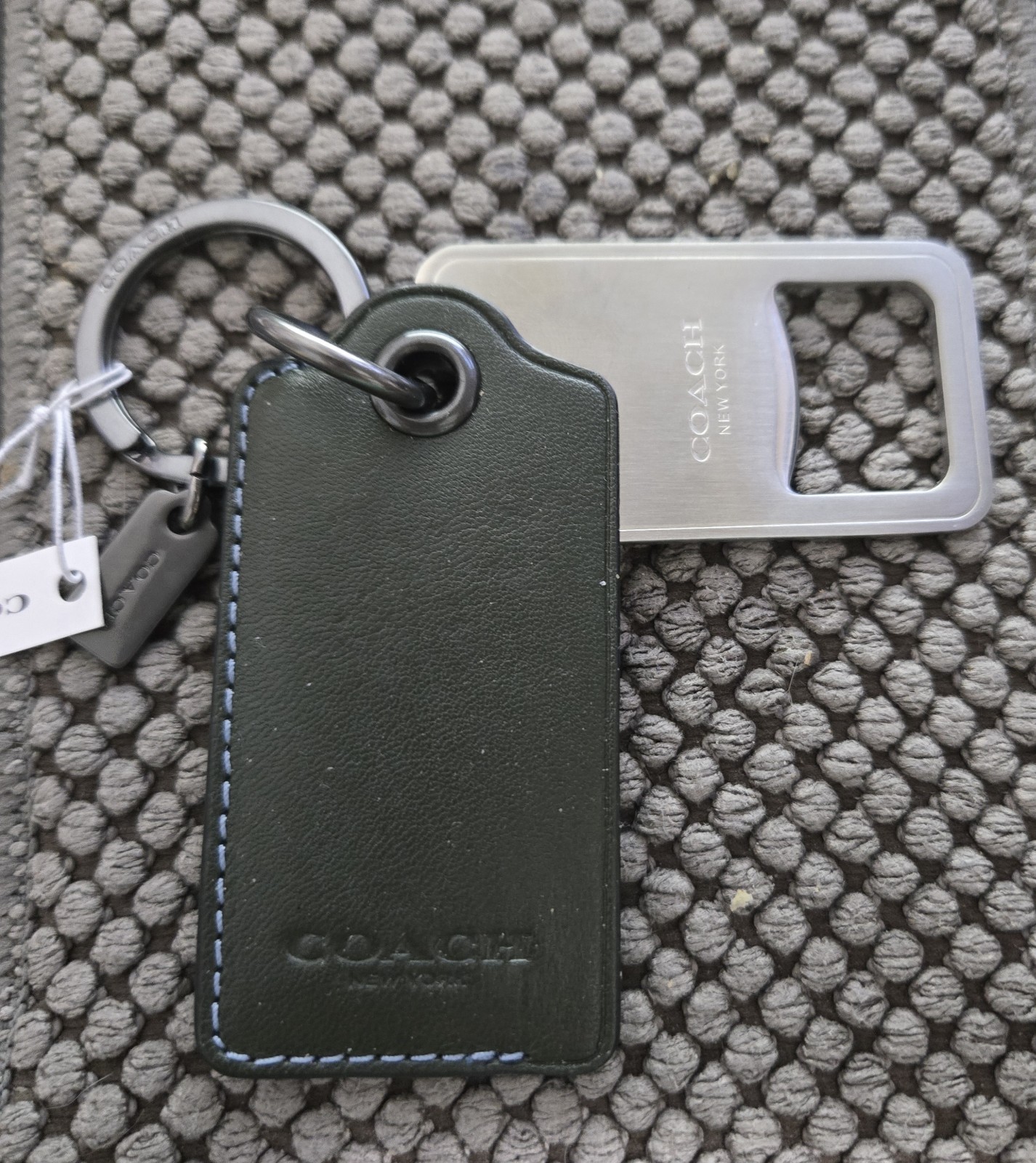 COACH Dark Green Leather Bottle Opener Key Ring Fob Black Metal F64140 NWT