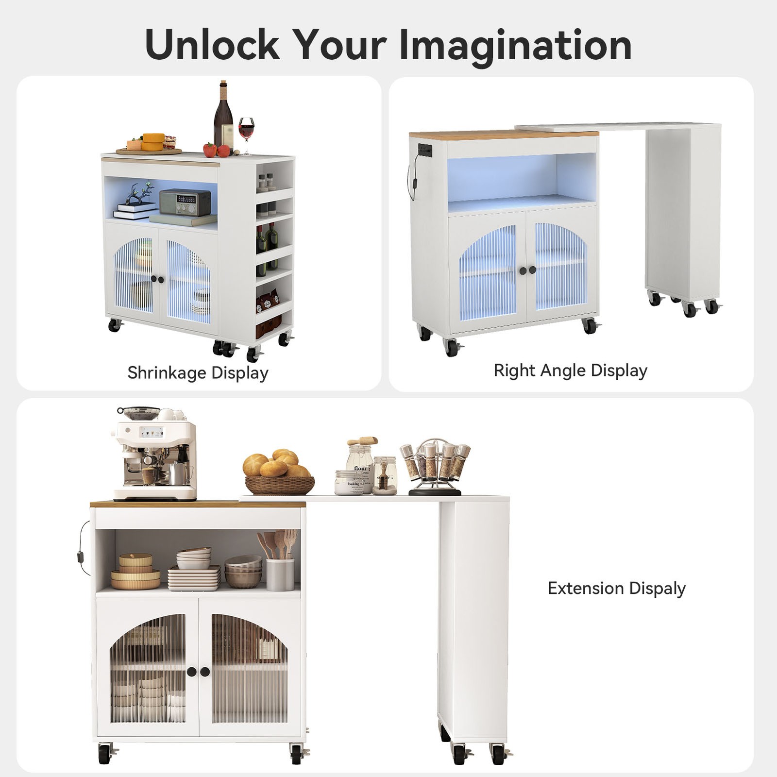 Kitchen Island On Wheels With Extended Table MDF Rolling Kitchen Storage Cabinet