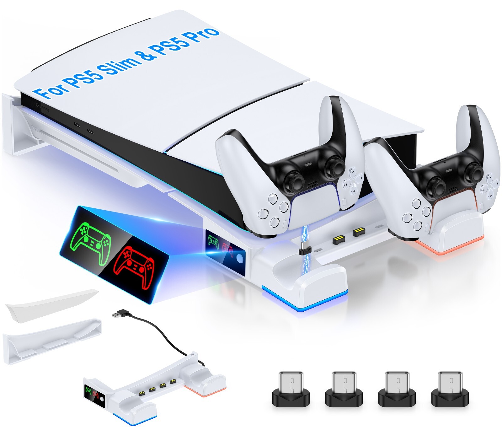 PS5 Pro Horizontal Stand for PS5 Pro/Slim Consoles,Dual Controller Fast Charging