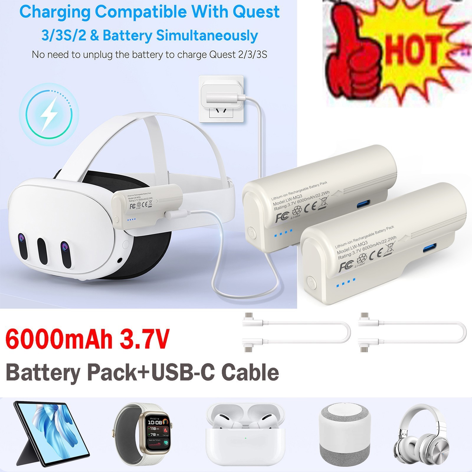 🧡6000mAh Battery Pack For Meta Quest 2/3/3S Fast Charging+Type-C Cable 2026 NEW