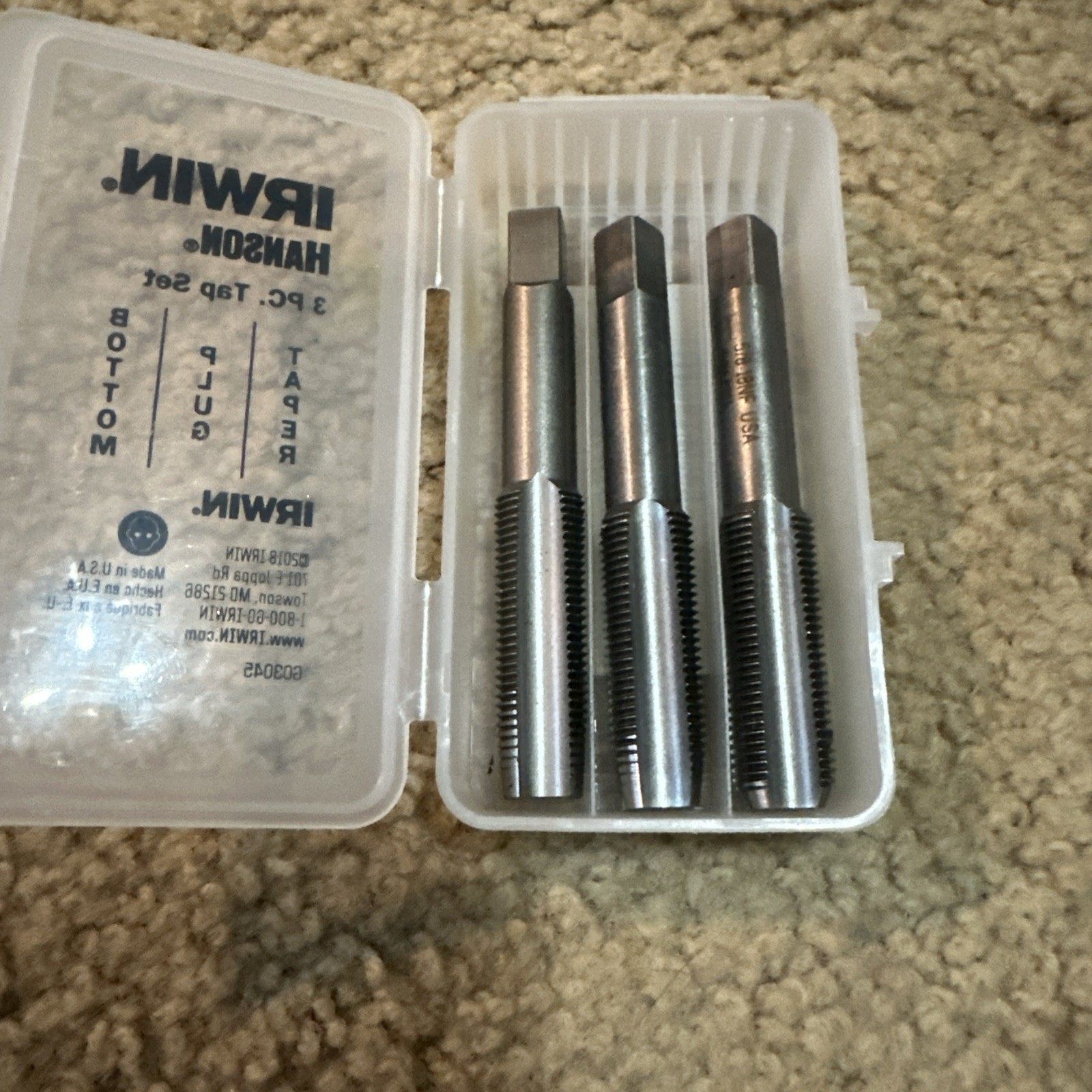 5/8-18 NF Tap Set Irwin 2654 ZR Carbon Steel 3pc Taper Plug Bottom Made In USA