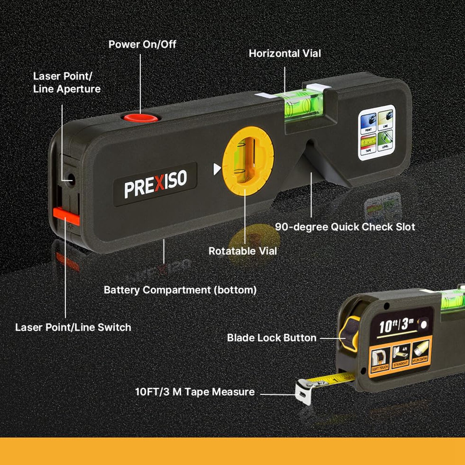 PREXISO 4-in-1 Laser Level Torpedo Level 65Ft Alignment Point 10Ft Leveling Line