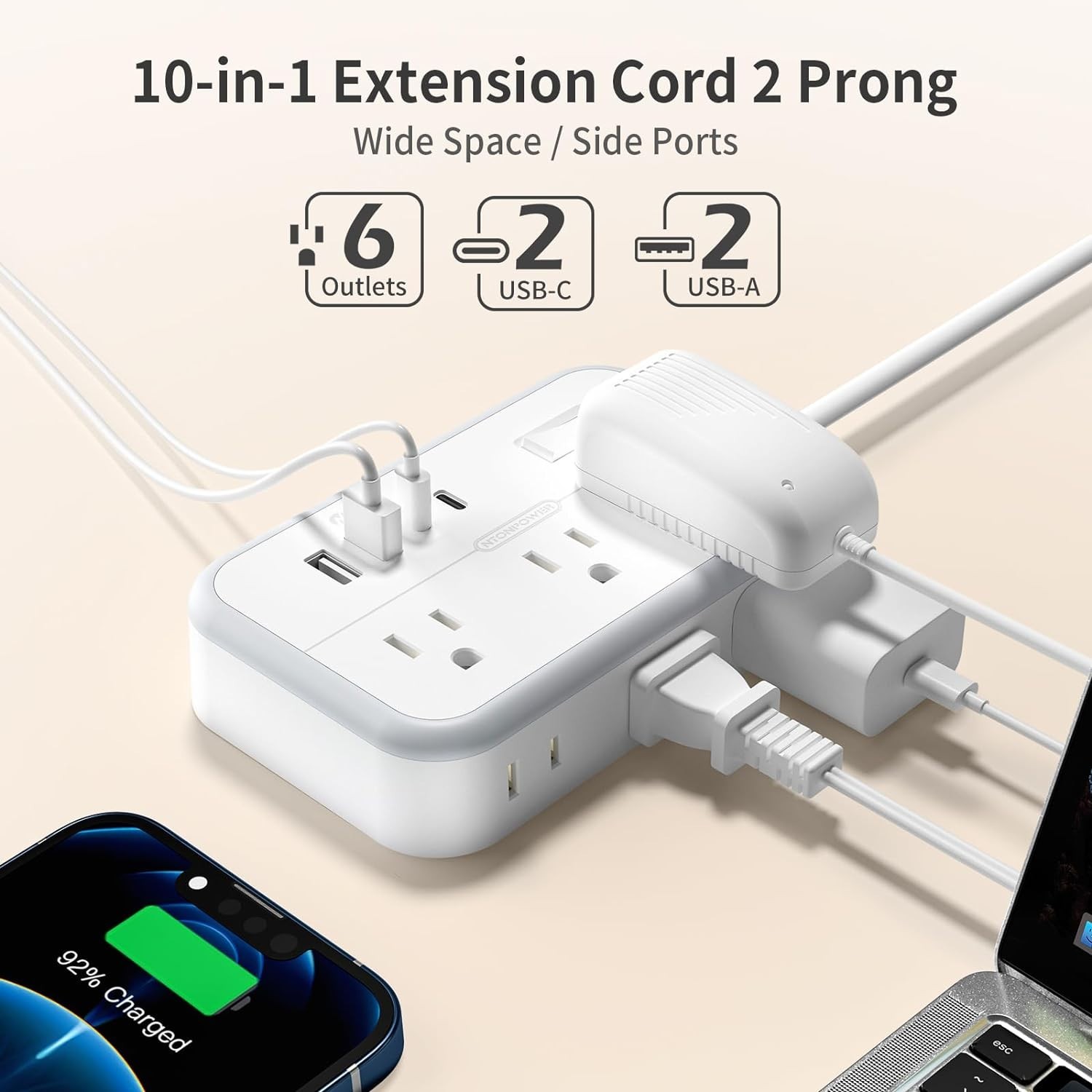 Versatile 2 Prong Power Strip with Fast USB Charging & Space-Saving Flat Plug