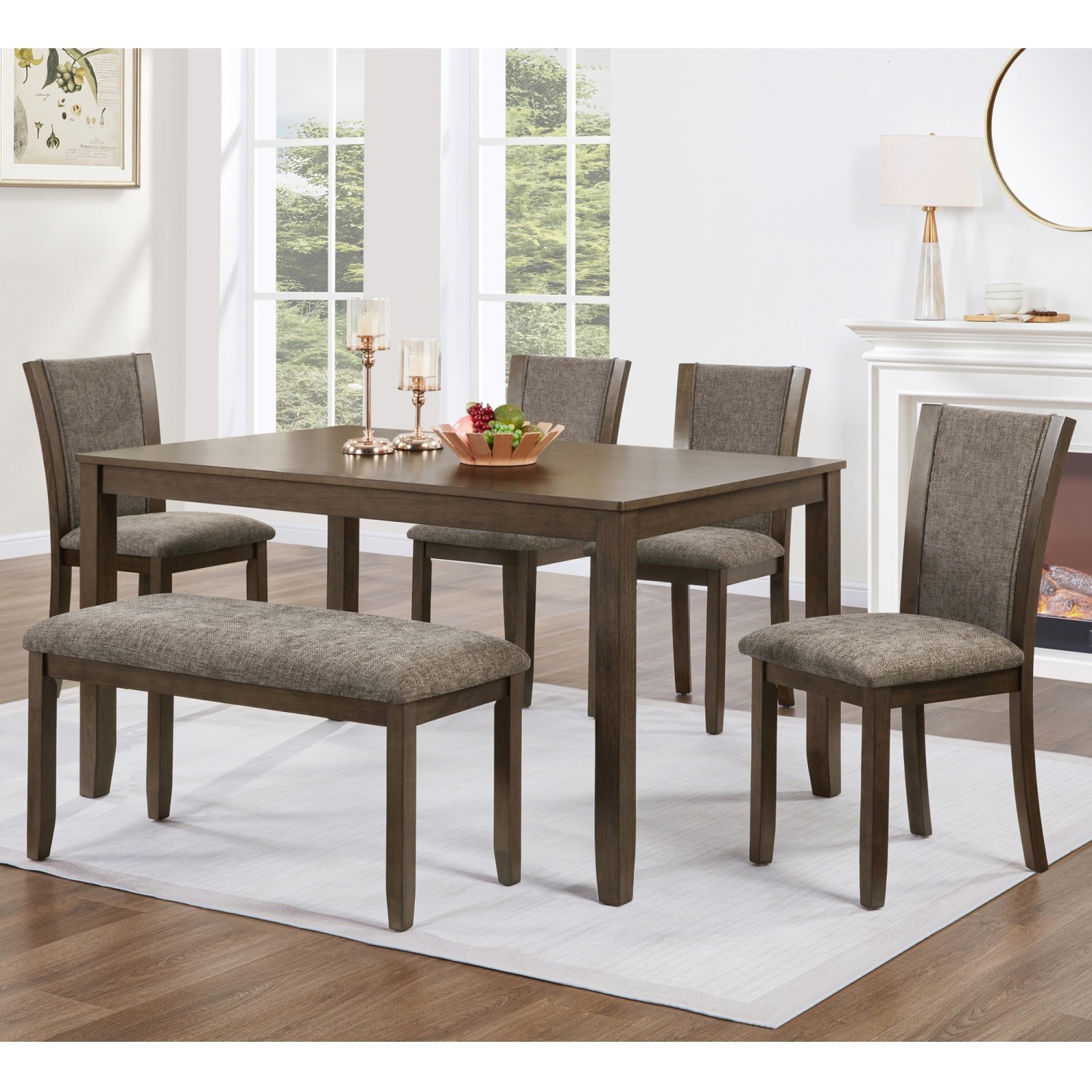 Farmhouse Rustic 6 Piece Dining Table Set Wood Dining Table w/ 4 Chairs & Bench