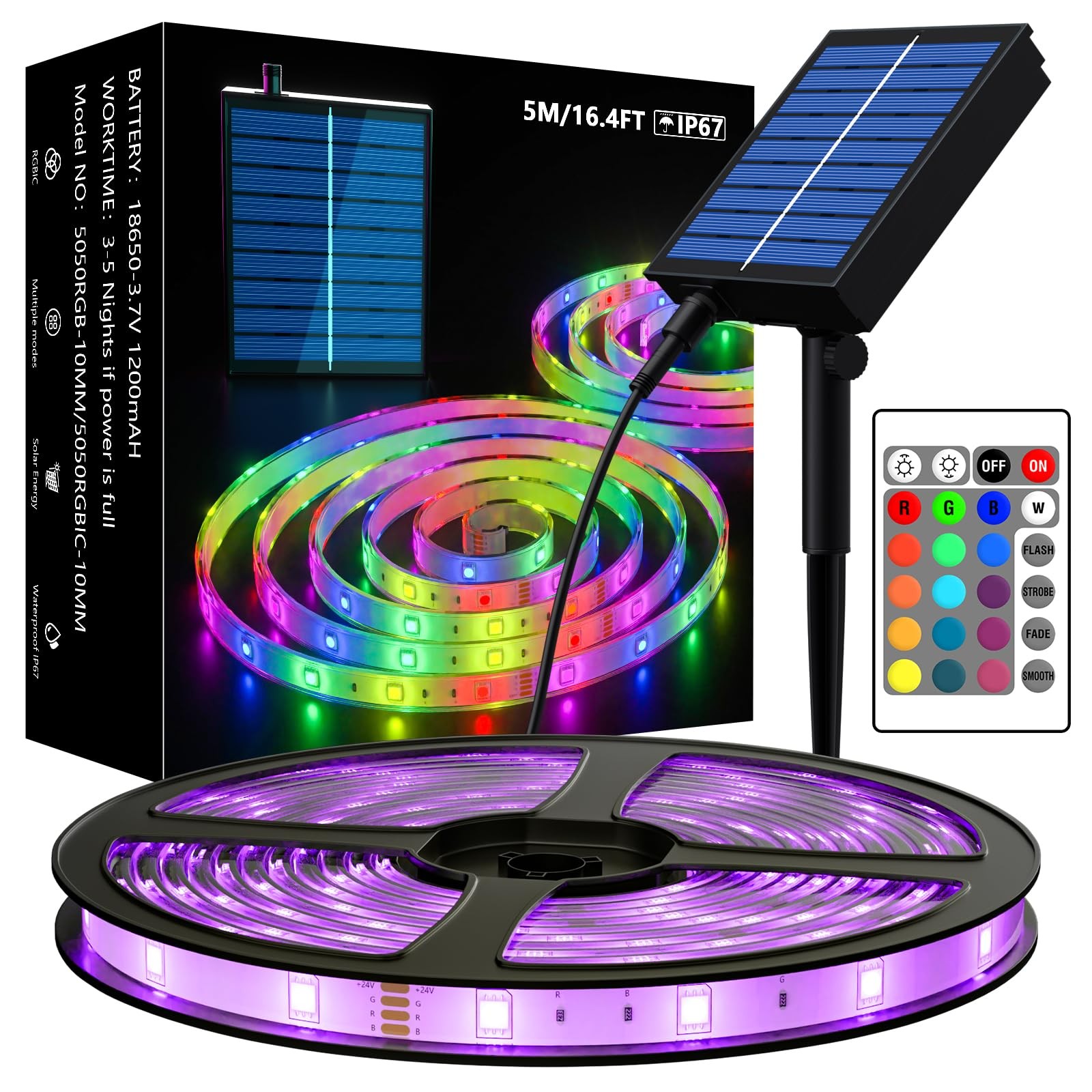 Solar LED Strip Outdoor, 32.8ft SMD 5050 LED Lights, Solar Powered RGB Colour...
