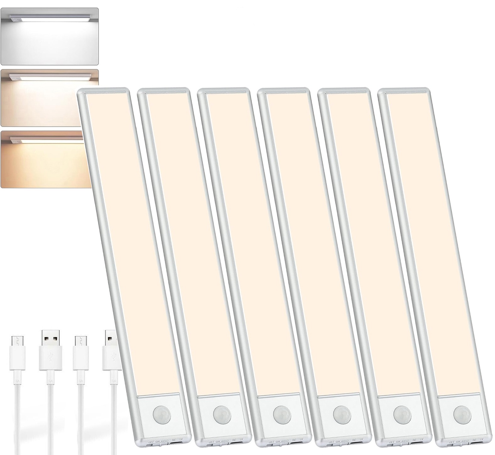 6 Pack 12" Under Cabinet Light Closet Motion Sensor 3-Color Dimmable 84 LED