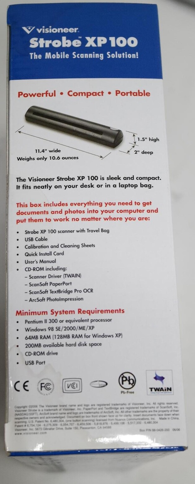 NEW VISIONEER STROBE XP 100 BLACK PORTABLE SHEETFEED DOCUMENT MOBILE SCANNER