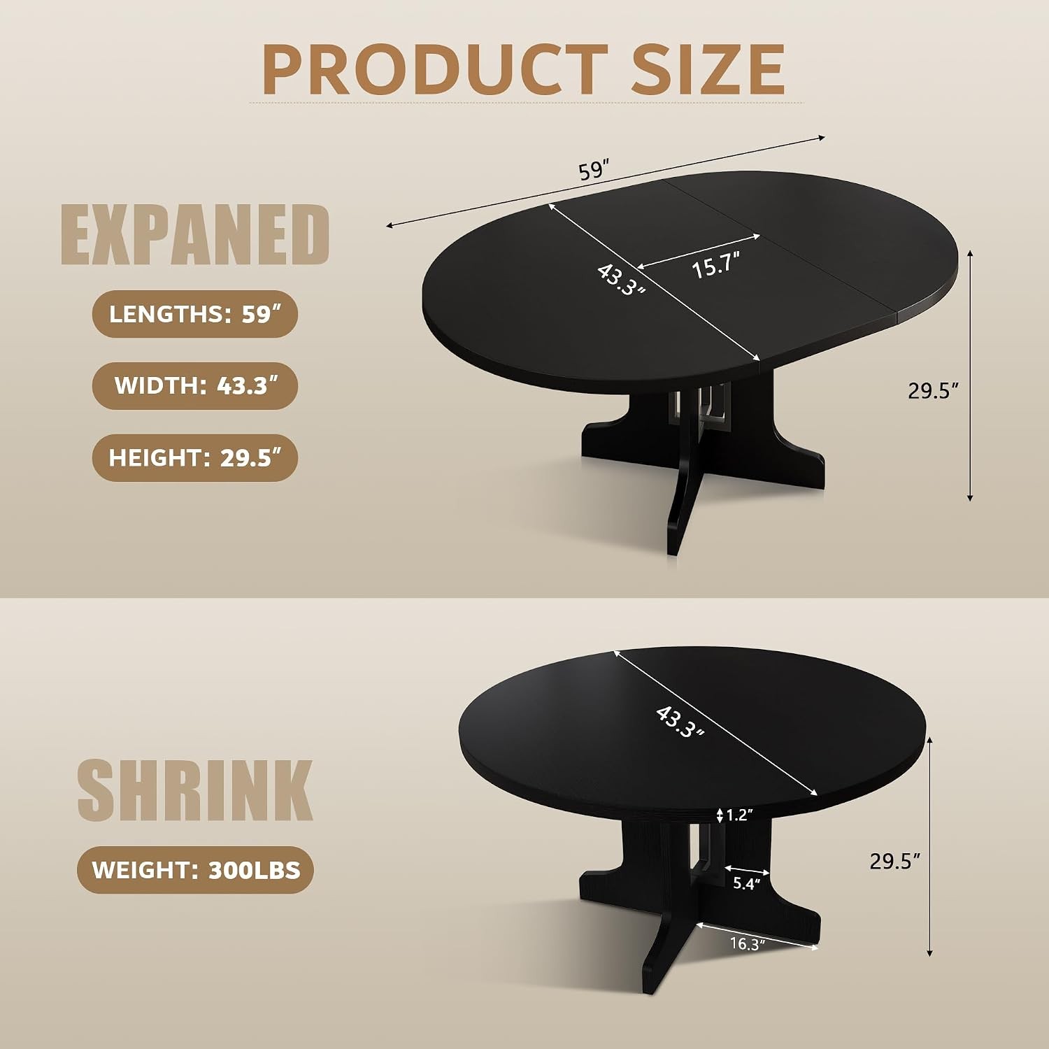59" Extendable Round Dining Table for 4-6, Modern Kitchen Table with Heavy Duty