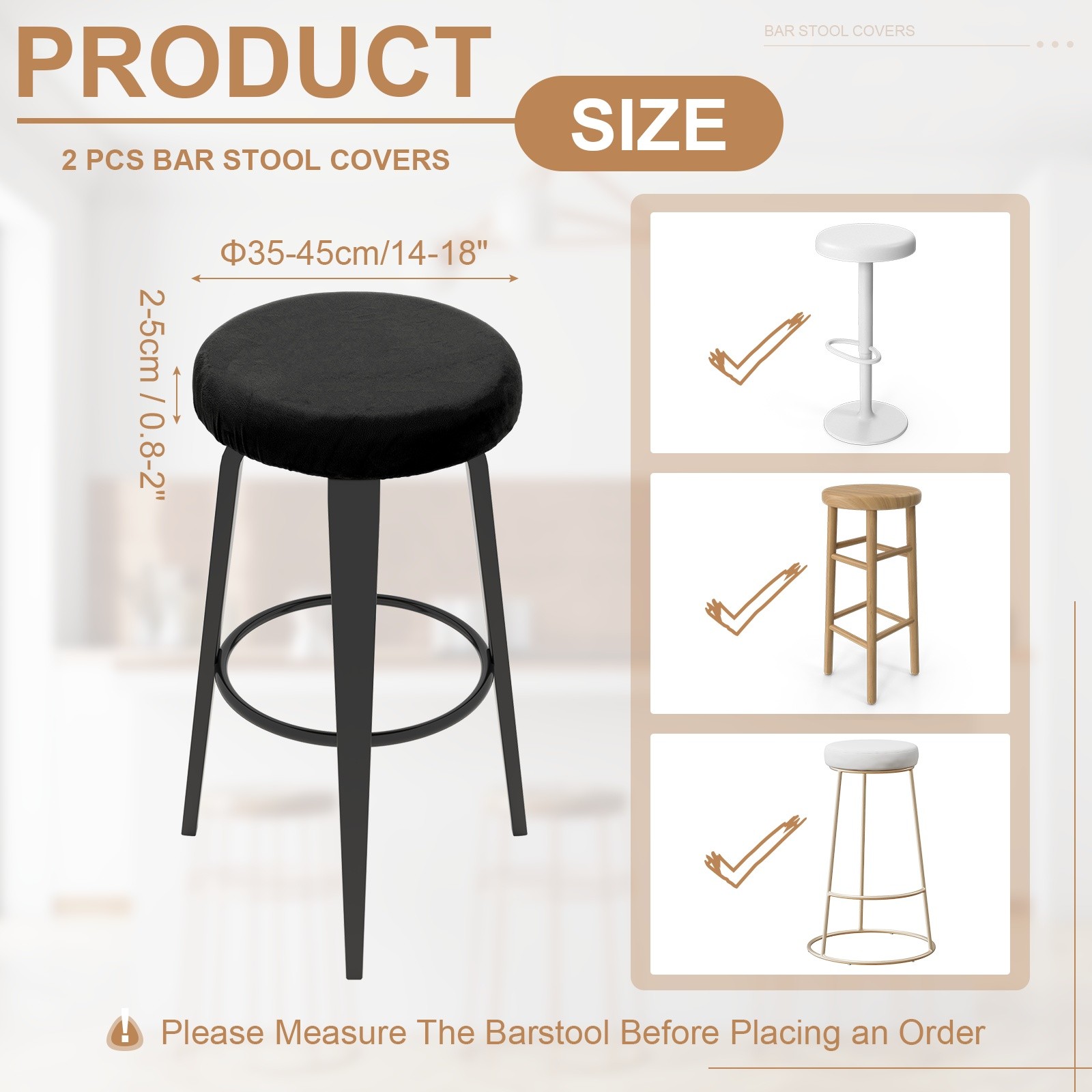2 Pcs Bar Stool Covers, 14-18" Round Stool Covers with Elastic Band, Black